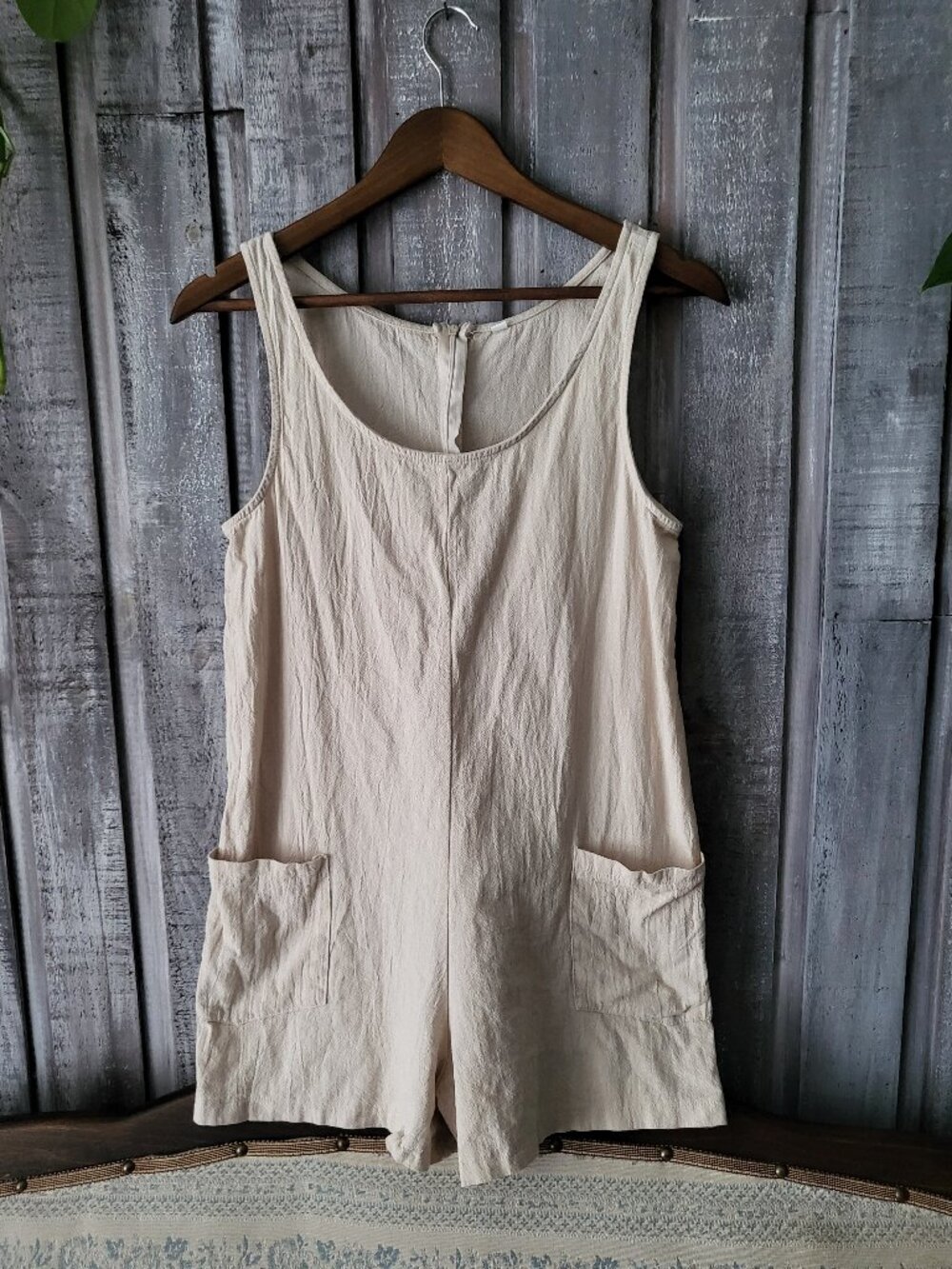Cotton Blend Scoop Neck Short Romper Beige S